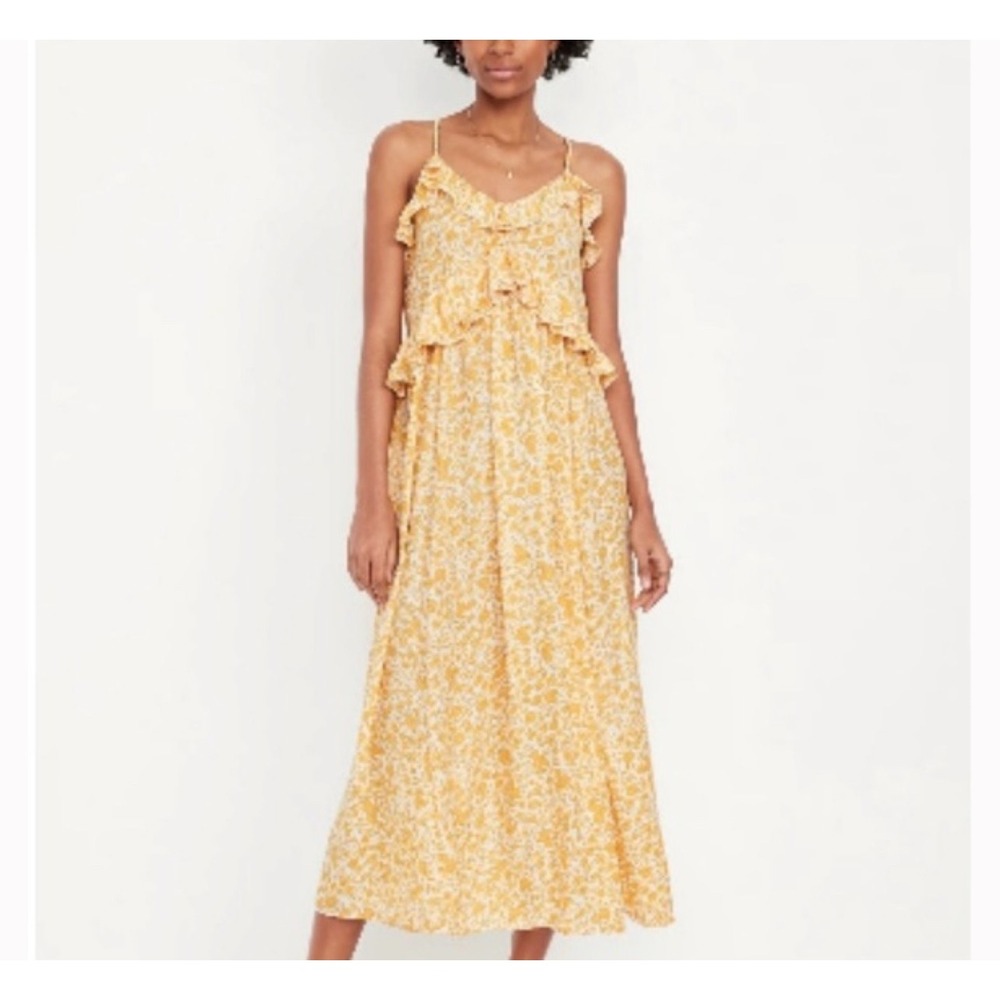 NWT Old Navy Ruffled Satin Midi Dress Yellow Floral Wedding guest Spring Sz 4X